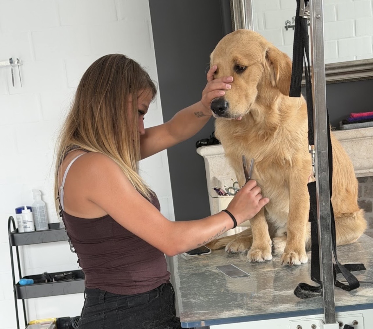 Gaëtana verzorgt een hond bij Pawsh Puppy Spa